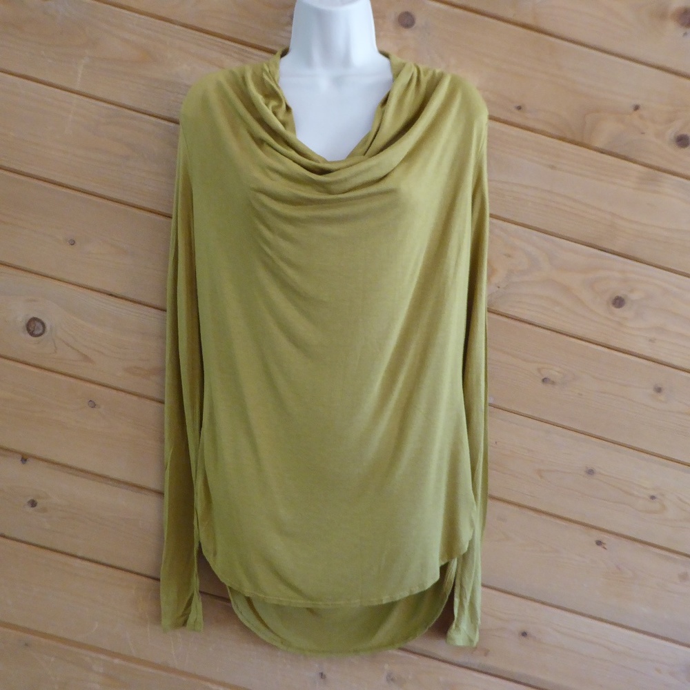 Three Dots Mustard Yellow Long Sleeve Drape Round Hem Top Shirt Cowl Neck S